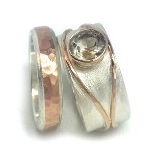 Golden rutill quartz wedding ring set, his and hers complementary set, alternative diamond ring, rose gold engagement ring, rutilated quartz