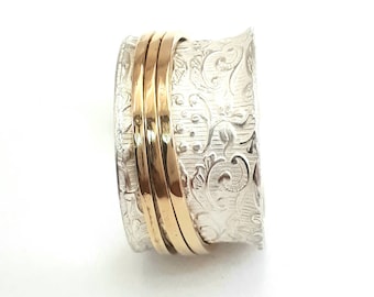 Chic sterling silver lace ring, three gold spinners, popular ring, women's semiwide wedding ring, spinner ring, art nouveau ring
