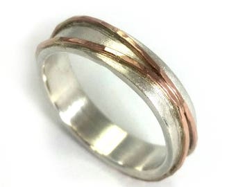 Woman's wedding ring, narrow band, sterling silver band with two rose gold stripes soldered on top, comfortable ring, Ilan Amir Jewelry