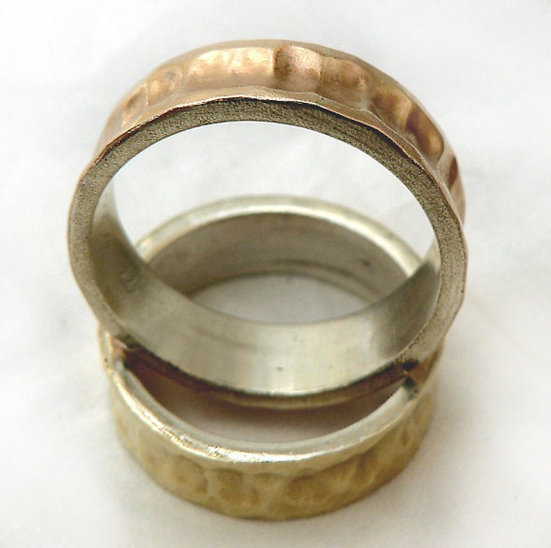 Two-tone ring set for him and her, concave, rose and yellow gold, sterling silver with gold sheet soldered on top, textured rings, ilanamir image 2