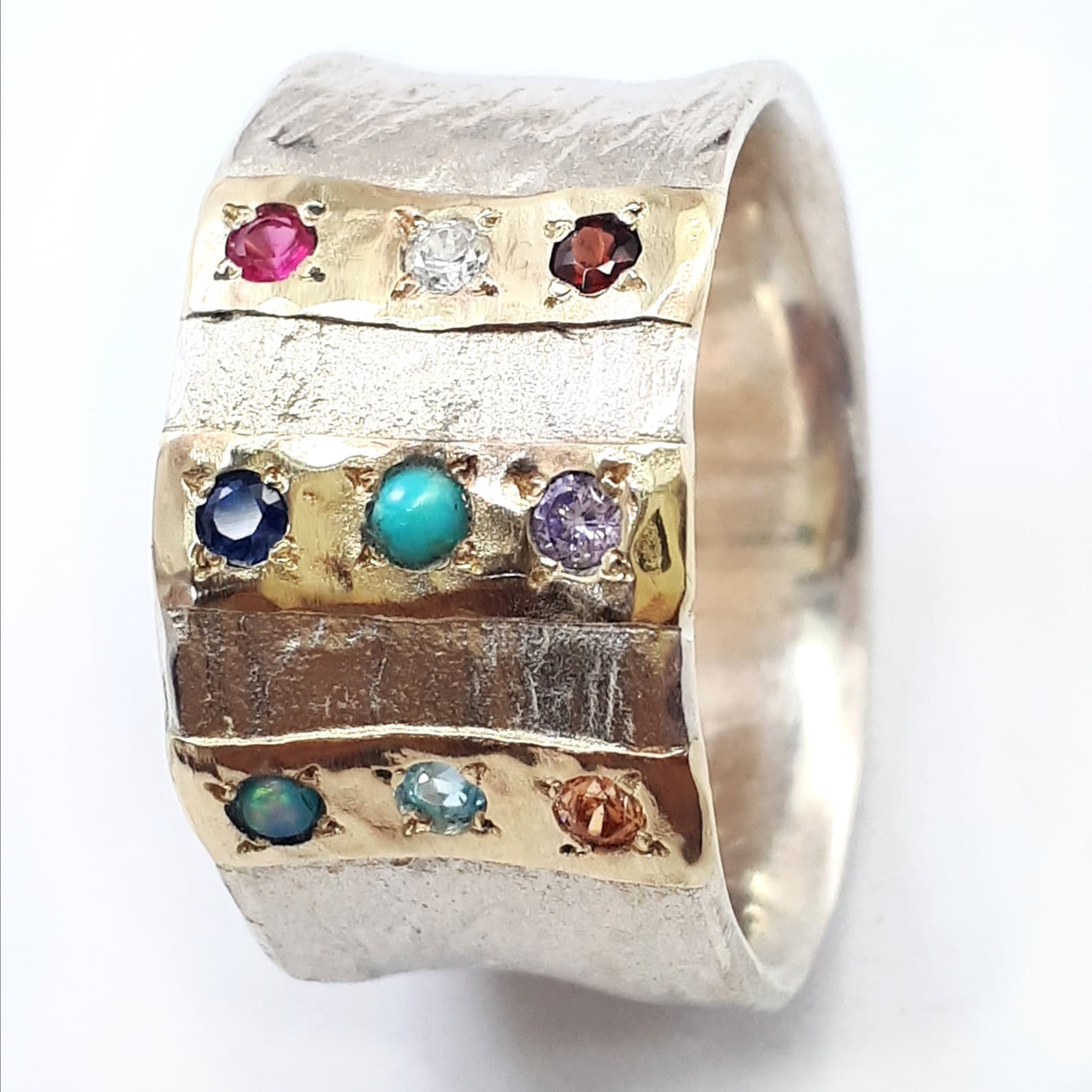 Wide Concave Silver Ring, Three Gold Strips Inlaid With Selection of ...
