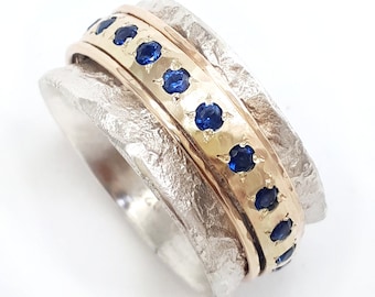 Sapphire engagement ring, semi wide spinner ring, silver and gold, worry ring, September birthstone  rotating ring, crumpled tinfoil texture