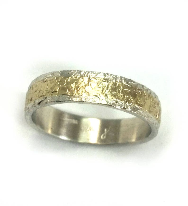 Roughly hammered sterling silver and gold wedding ring for men, handmade wedding band, unisex ring, rustic texture, unique design, ilanamir image 5