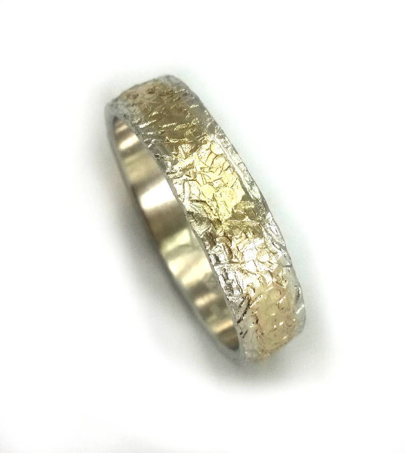 Roughly hammered sterling silver and gold wedding ring for men, handmade wedding band, unisex ring, rustic texture, unique design, ilanamir image 6