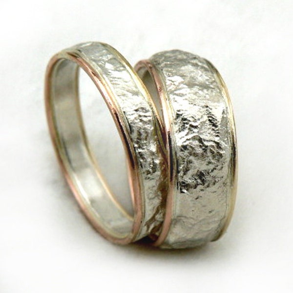 Popular ring set, his and hers wedding bands, crumpled tinfoil texture, narrow men's band, classic ring set, Ilan Amir Jewelry, lovers set