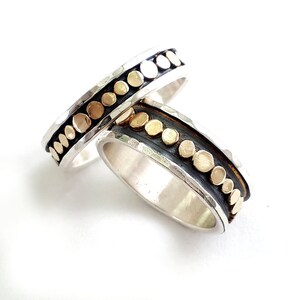 Gothic wedding ring set, tricolor rings, polka dot rings, oxidized sterling silver, unisex dark ring, gothic rings, black wedding bands set
