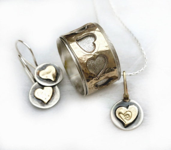 Christmas or Valentine Gift, Heart Ring, Earrings and a Pendant