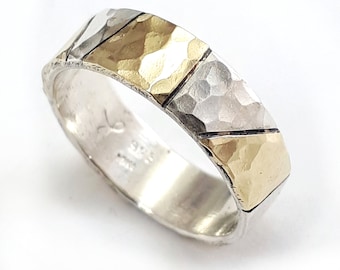 Stunning men's wedding band, sterling silver wedding band with geometric gold sheets soldered on top, unisex wedding ring, Ilan Amir Jewelry