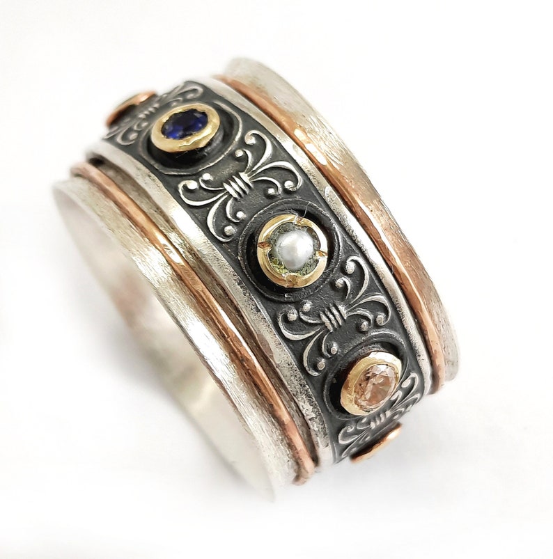 Popular women's semi wide spinner ring, set with birthstones, choice of gemstone, elegant leaf design, art deco ring, worry spinner ring image 3
