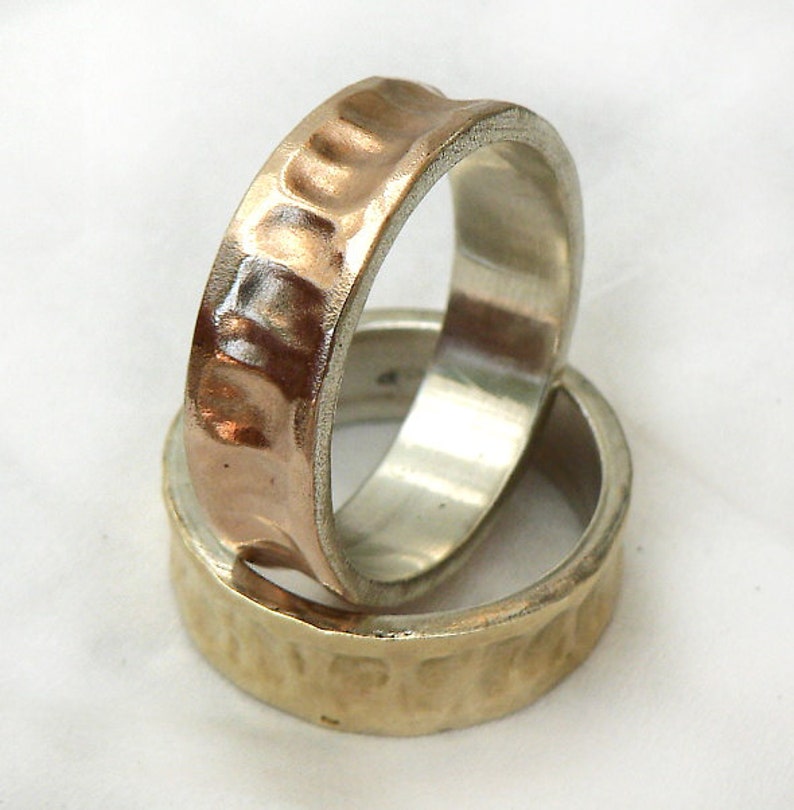 Two-tone ring set for him and her, concave, rose and yellow gold, sterling silver with gold sheet soldered on top, textured rings, ilanamir image 5