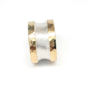 Women's sterling silver wedding band, concave with raised yellow and red gold edges, textured sterling silver, wide wedding ring for her