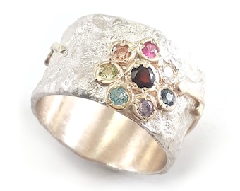 Handcrafted flower design ring, silver gold flower ring set with Garnet, Peridot, CZ, Amethyst, Rubi, Champagne CZ, Blue topaz, Sapphire