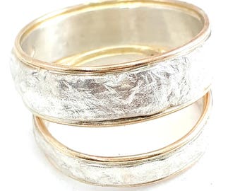 Wedding ring set, his and hers wedding bands, crumpled tin foil texture, wide men's band, classic ring set, Ilan Amir Jewelry, lovers set