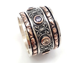 Black wide spinner ring set with birthstones