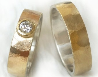 His and hers chic wedding bands, thin and lightweight rings, cubic zirconia on hammered gold sheet with sterling silver base, ilanamir