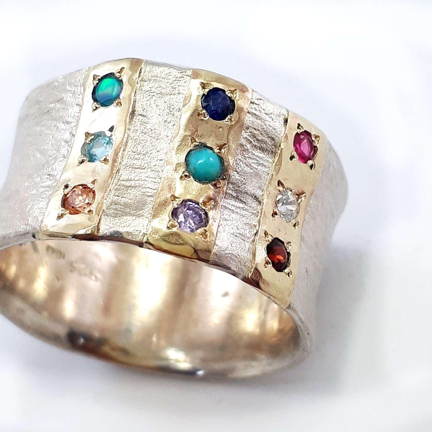 Wide Concave Silver Ring, Three Gold Strips Inlaid With Selection of ...