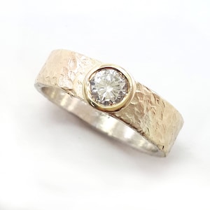 Women&#39;s engagement ring, CZ in raised gold bezel, promise ring, like diamond ring, hammered yellow gold sheet with sterling silver base
