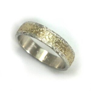 Roughly hammered sterling silver and gold wedding ring for men, handmade wedding band, unisex ring, rustic texture, unique design, ilanamir image 4