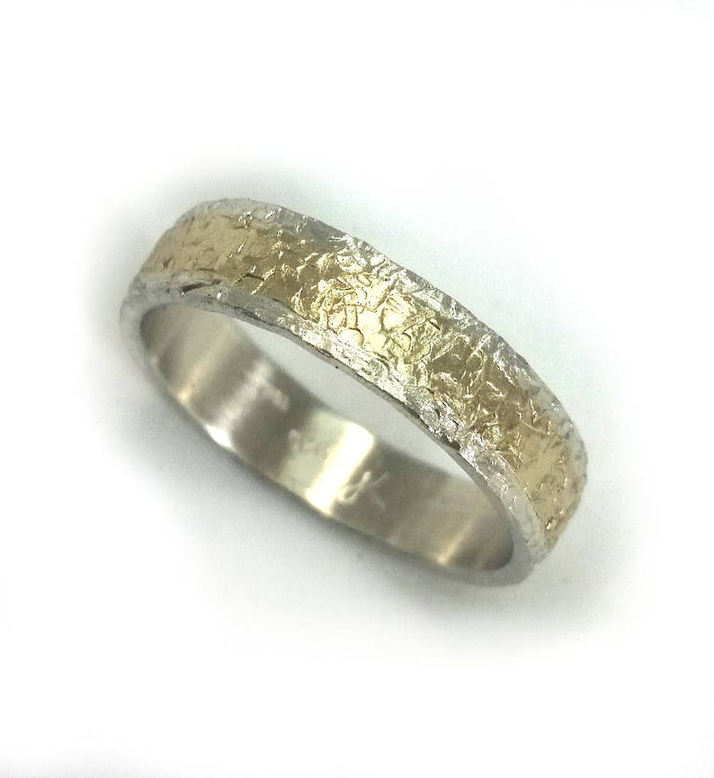 Roughly hammered sterling silver and gold wedding ring for men, handmade wedding band, unisex ring, rustic texture, unique design, ilanamir image 4