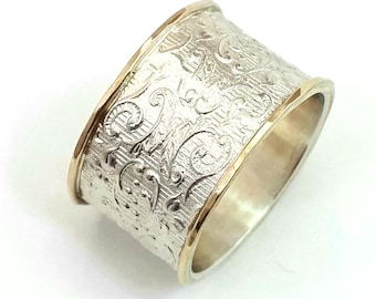 Wide silver wedding ring, flower and leaf pattern, women's wedding band, textured silver base, raised yellow gold edges, art nouveau design