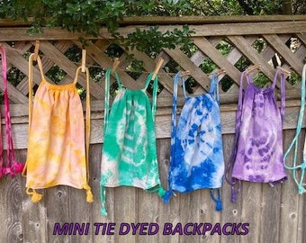 Tie Dye Mini Drawstring Backpack. All purpose bag - great for school, gym, beach, water bottle, gift, & other. 100% Cotton/Multiple Colors.
