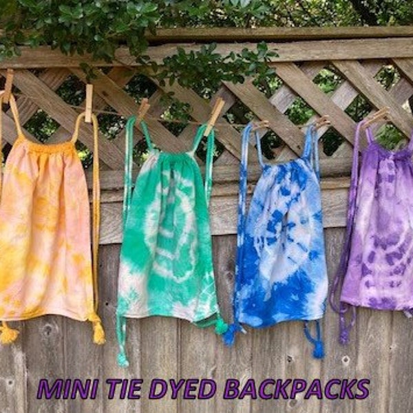 Tie Dye Mini Drawstring Backpack. All purpose bag - great for school, gym, beach, water bottle, gift, & other. 100% Cotton/Multiple Colors.