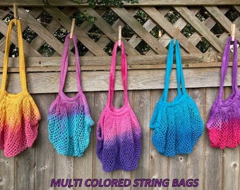 Tie Dye Multi Color String Mesh Bag.  Popular in farmers markets and grocery stores. Easily store in your back pocket. 100% Organic Cotton.