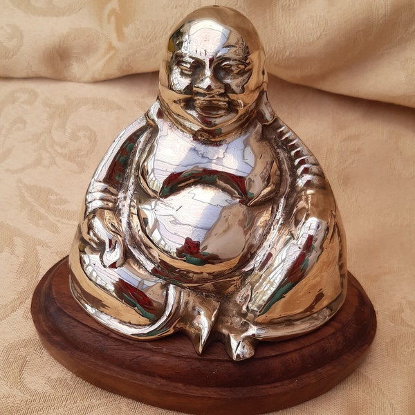 PRICE REDUCED- Vintage Lost wax cast brass Buddha on wood base 4.5” tall