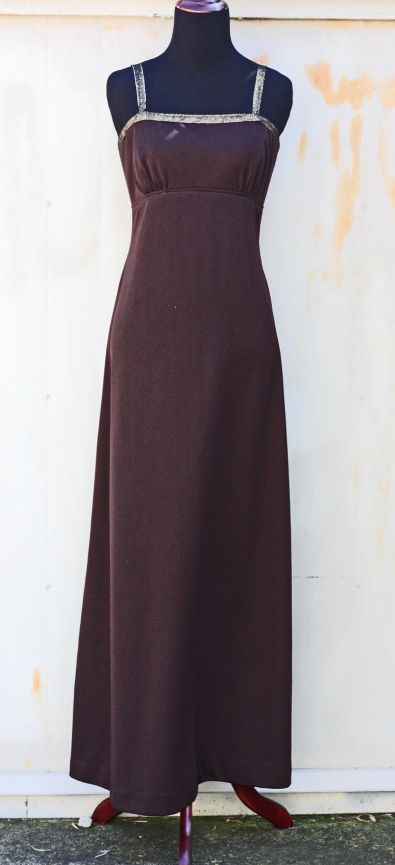 Floor Length Polyester Dress Boho Bohemian Dress Vintage Gown Simple 1970s Dress Hippie Dress Indie Dress 70s Brown Maxi Dress