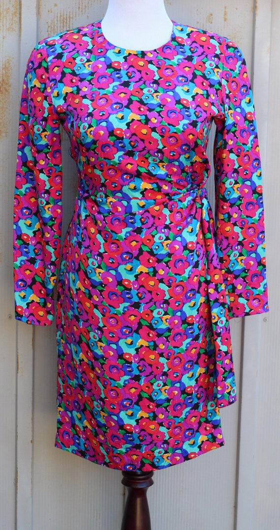 1980s Colorful Silk Dress - Vintage Floral Dress -