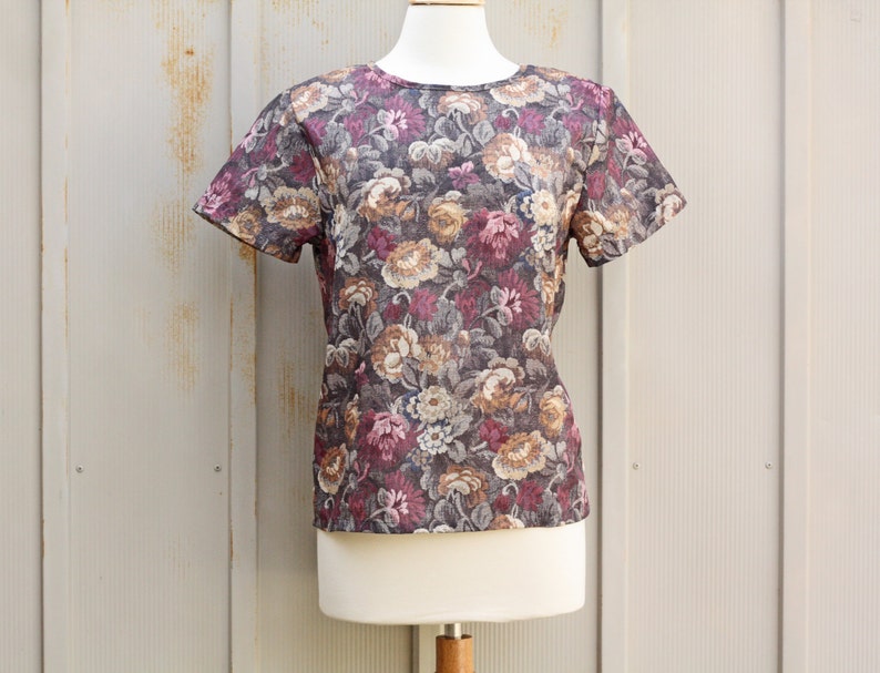 Flower Print Shirt Mod Top Retro Hipster Blouse Indie Short Sleeve Jewel Tone Top Hipster Blouse 80s Top Vintage Floral Blouse