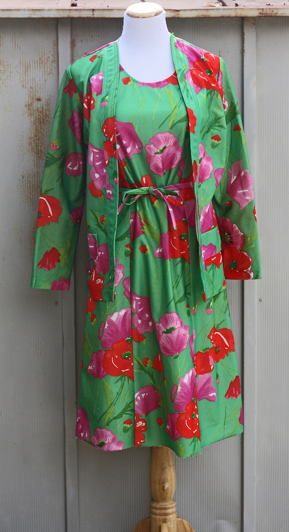 70s Floral Dress and Jacket Set - Green Babydoll S