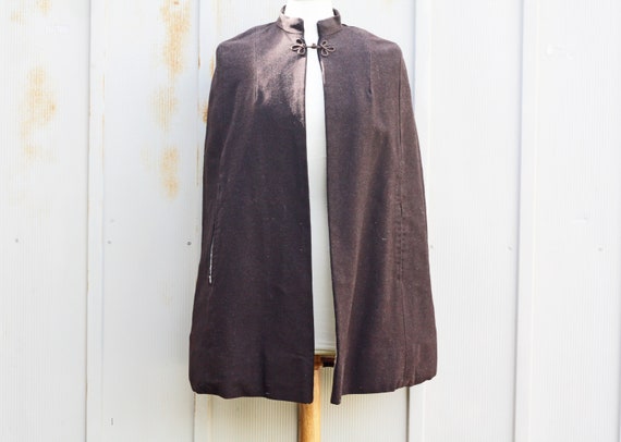 1950s Brown Wool Cape - Sherpa Lined Cape - Pin Up