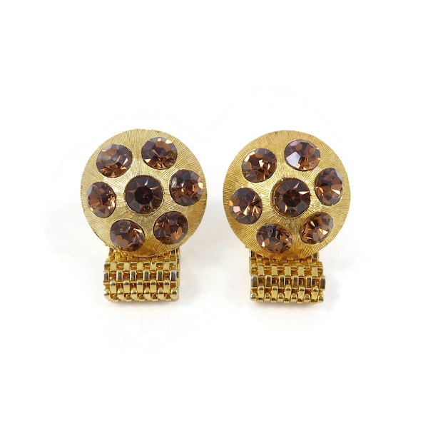 Vintage, CELEBRITY NY, Wrap Around, Cuff Links, Brown Rhinestones, Mesh, Gold Tone, Signed