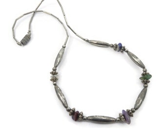 Vintage, Southwestern Bead Necklace, Semi Precious Stone, Sodalite, Amethyst, Aventurine, Silver Tone