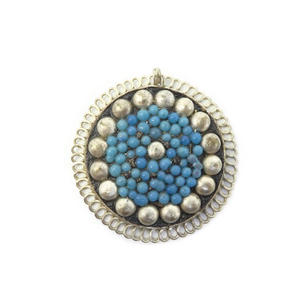 Vintage Ethnic Pendant, Blue Glass Balls, Silver Tone