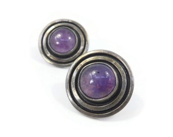 Vintage CARMEN BACKMANN, Sterling Amethyst Earrings, Round, Screw Back, Signed, Made in Mexico