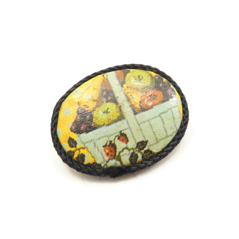 Black Cord Oval Fruit Basket Brooch Vintage