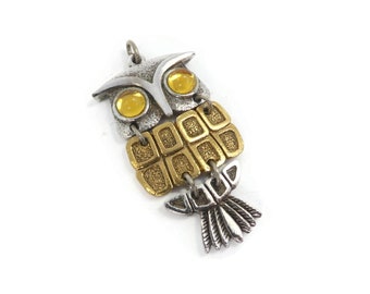 Vintage, Articulated Owl Pendant, Yellow Glass Eyes, Silver Gold Tone