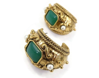 Vintage Green Glass, Half Hoop Earrings, Etruscan Style, Faux Pearls, Chunky, Gold Tone, Posts