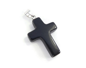 Vintage Black Stone, Cross Pendant, Silver Tone Bail