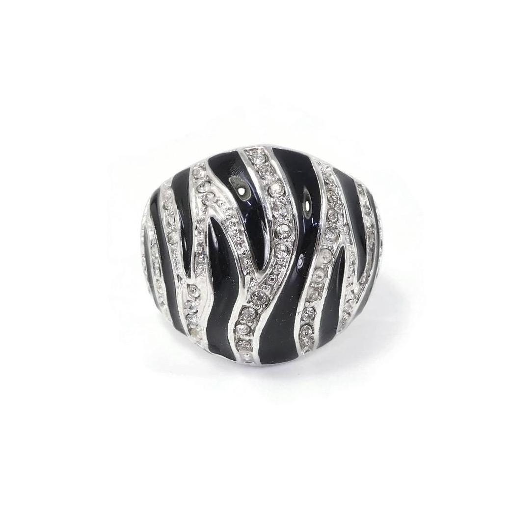 Zebra Stripe Ring, Black Enamel, Clear Rhinestones, Silver Tone, Size 9.5
