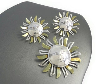 Vintage Sterling, Sunshine Brooch Set, Post Earrings, Gold Tone, Signed, Made in Mexico