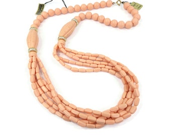 Vintage LAGUNA for Tempo, Peach Bead Necklace, Lucite, Gold Tone, Original Hang Tags