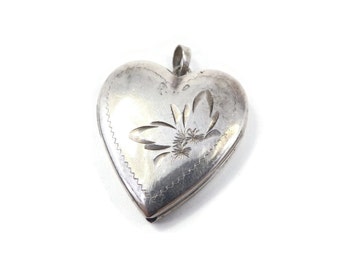 Vintage Sterling, Heart Locket Pendant, Etched Flower, Engraved on Back, Signed