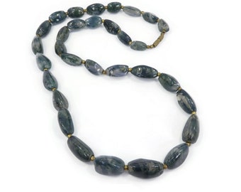 Vintage Moss Agate, Bead Necklace, Gold Tone Beads, Barrel Clasp