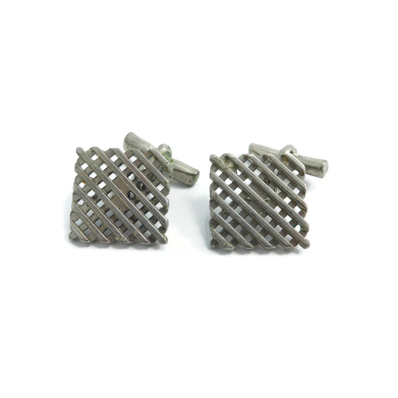 Vintage Square Cuff Links Lattice Silver Tone