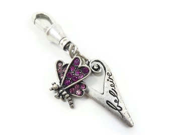 Butterfly Zipper Pull, Heart, Pink Rhinestones, Silver Tone, 'Believe', Zipper Charm