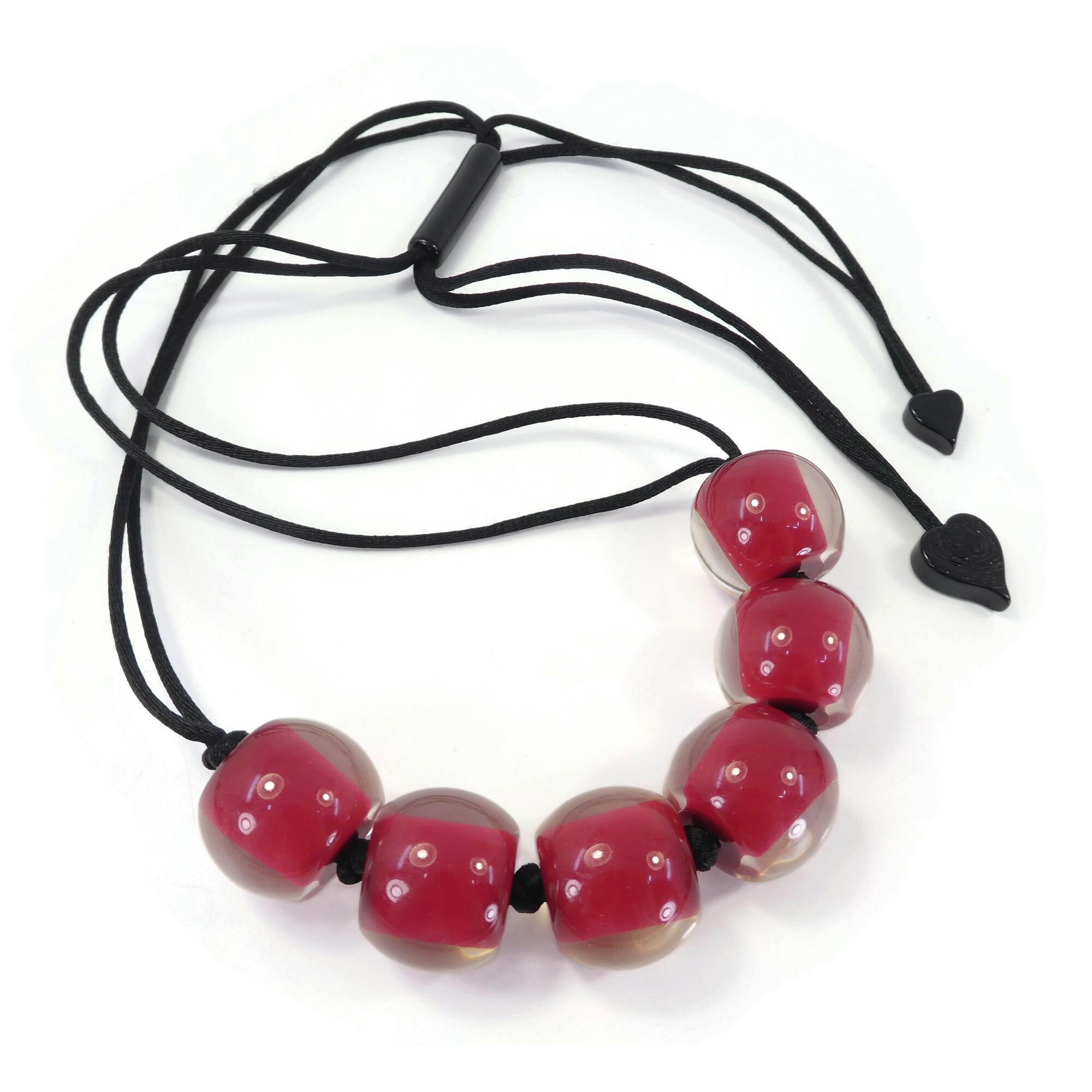 ZSISKA, Pinky Red Clear, Resin Bead Necklace, Black Cord
