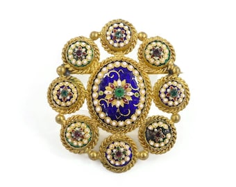 Georgian French, Bressan Enamel Brooch, Silver with Gold Gilt, Green Purple Paste, Roping, C Clasp